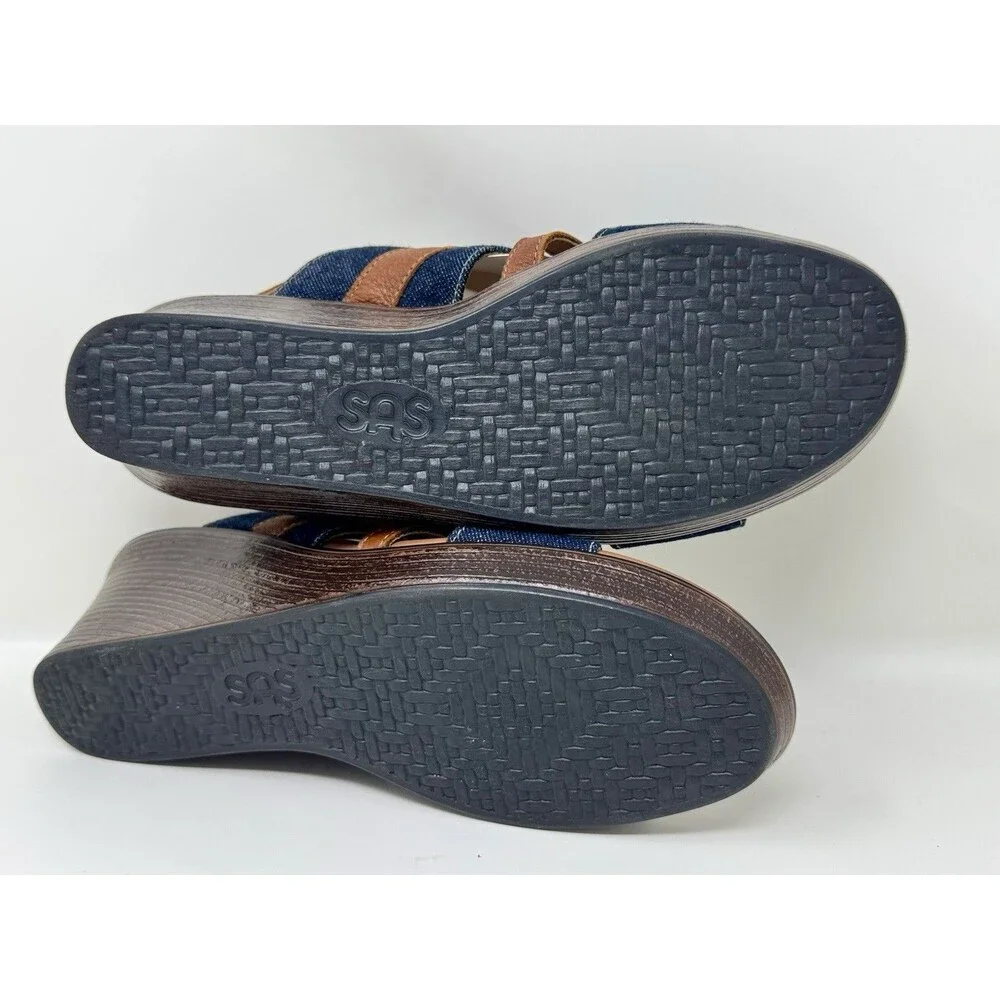 SAS Layla Brie Strappy‎ Denim Jean & Leather Wedge Sandal Shoe Size 10 M